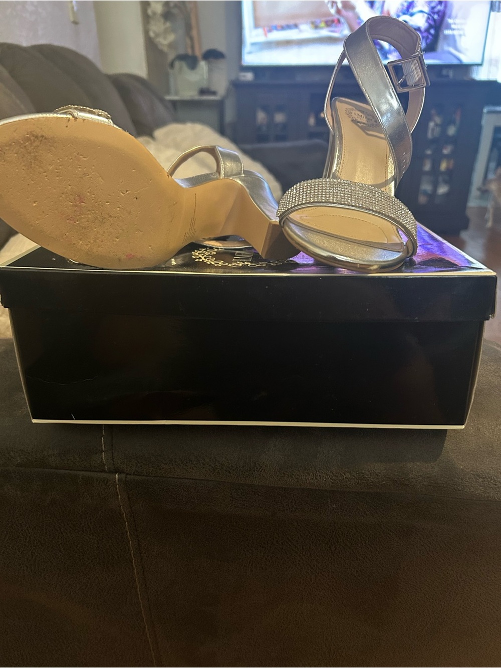 Metallic Silver Ankle-Strap Heels with Rhinestone Toe Strap